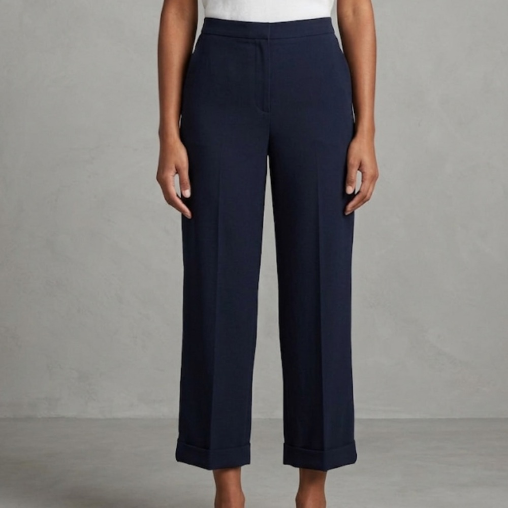 Jenni Kayne Navy Blue Viscose Stretch Straight Ankle Trousers Size 8